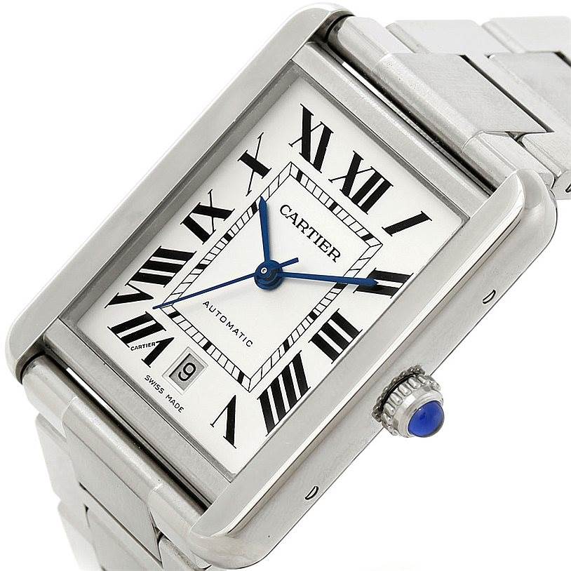 The angled image shows the face, crown, and part of the bracelet of the Cartier Tank Solo W5200028 Men
s Stainless Steel Silver Dial W5200028 Men
s Stainless Steel Silver Dial watch.