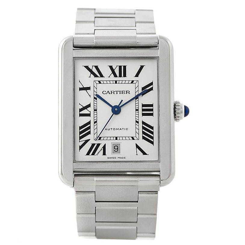 The image shows a Cartier Tank Solo W5200028 Men
s Stainless Steel Silver Dial W5200028 Men
s Stainless Steel Silver Dial watch from a front angle, highlighting its rectangular face, Roman numerals, and metal bracelet.