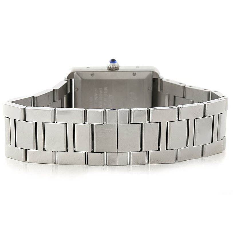 This image shows the back view of a Cartier Tank Solo W5200028 Men
s Stainless Steel Silver Dial W5200028 Men
s Stainless Steel Silver Dial watch, focusing on the stainless steel bracelet and case back.