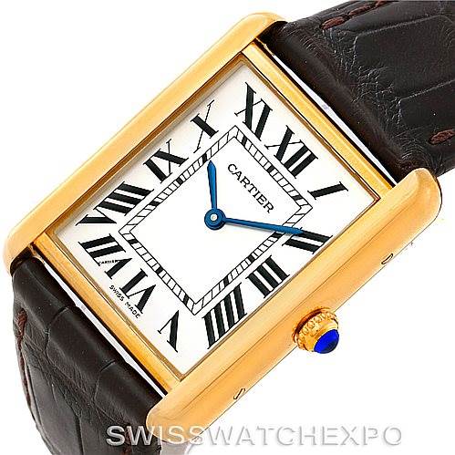 The image shows a Cartier Tank Solo W1018855 Men
s Steel and Gold (two tone) Silver Dial W1018855 Men
s Steel and Gold (two tone) Silver Dial watch, highlighting its rectangular gold case, Roman numeral dial, blue hands, and leather strap.