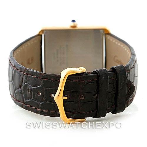 The image shows the back view of the strap and buckle of a Cartier Tank Solo W1018855 Men
s Steel and Gold (two tone) Silver Dial W1018855 Men
s Steel and Gold (two tone) Silver Dial watch.