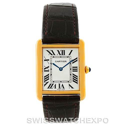 The image shows a Cartier Tank Solo W1018855 Men
s Steel and Gold (two tone) Silver Dial W1018855 Men
s Steel and Gold (two tone) Silver Dial watch, featuring its rectangular face and leather strap from a front angle.