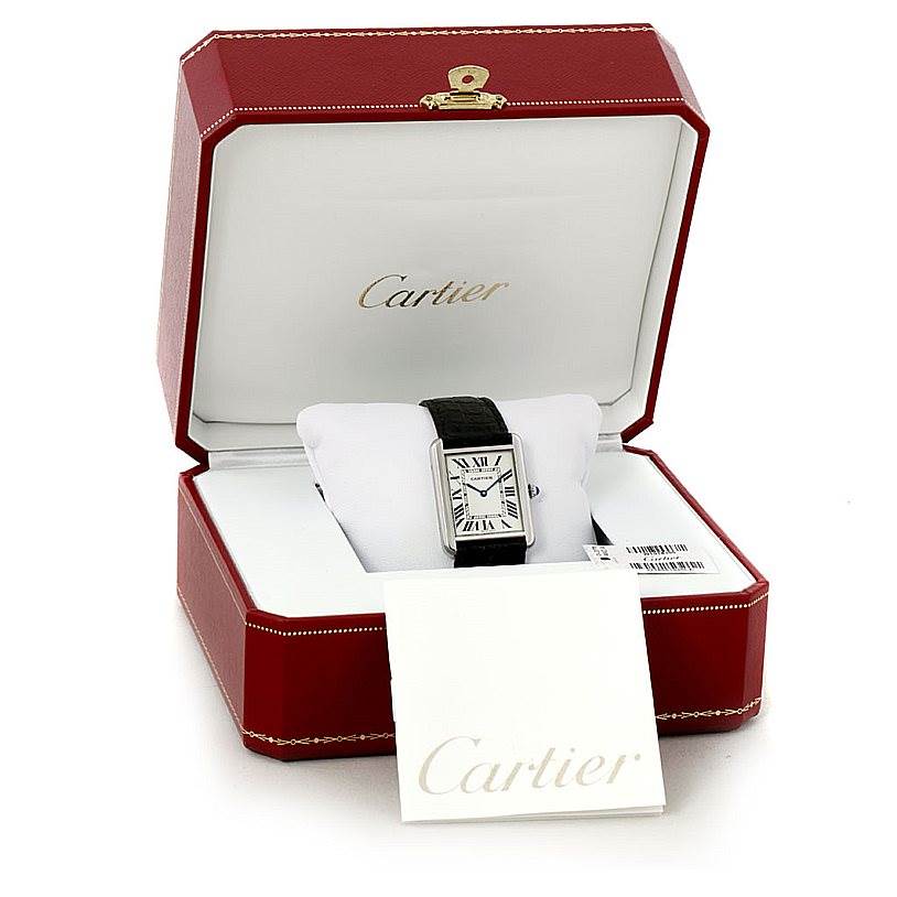 The Cartier Tank Solo W1018355 Men
s Stainless Steel Silver Dial W1018355 Men
s Stainless Steel Silver Dial watch is shown front-facing in an open red display box with branded packaging.