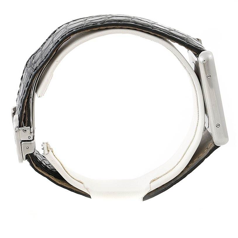 This image shows a side view of the Cartier Tank Solo W1018355 Men
s Stainless Steel Silver Dial W1018355 Men
s Stainless Steel Silver Dial watch, highlighting its strap and case profile.