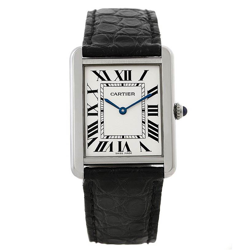 The image shows a front view of the Cartier Tank Solo W1018355 Men
s Stainless Steel Silver Dial W1018355 Men
s Stainless Steel Silver Dial watch, displaying its face, black leather strap, and crown.