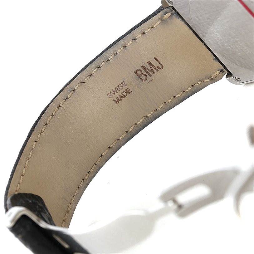 The image shows a close-up of the inner leather strap of a Cartier Tank Solo W1018355 Men
s Stainless Steel Silver Dial W1018355 Men
s Stainless Steel Silver Dial watch, displaying the "Swiss Made" marking.