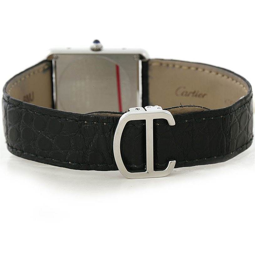 This image shows the back view of a Cartier Tank Solo W1018355 Men
s Stainless Steel Silver Dial W1018355 Men
s Stainless Steel Silver Dial watch highlighting its leather strap and buckle.