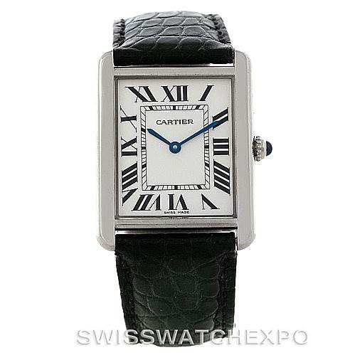 The image shows a Cartier Tank Solo W1018355 Men
s Stainless Steel Silver Dial W1018355 Men
s Stainless Steel Silver Dial watch front-facing, displaying its dial, Roman numerals, blue hands, and black leather strap.