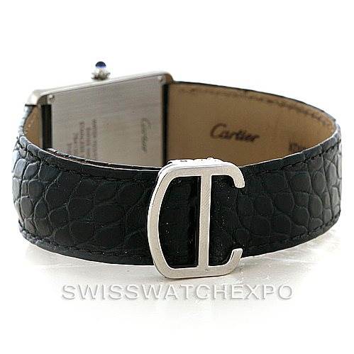 This image shows the clasp and back of the Cartier Tank Solo W1018355 Men
s Stainless Steel Silver Dial W1018355 Men
s Stainless Steel Silver Dial watch with a black leather strap.