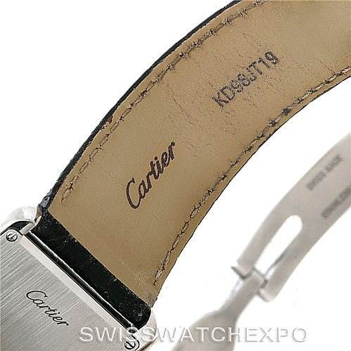 This image shows the back side of the Cartier Tank Solo W1018355 Men
s Stainless Steel Silver Dial W1018355 Men
s Stainless Steel Silver Dial watch, focusing on the leather strap and clasp area.