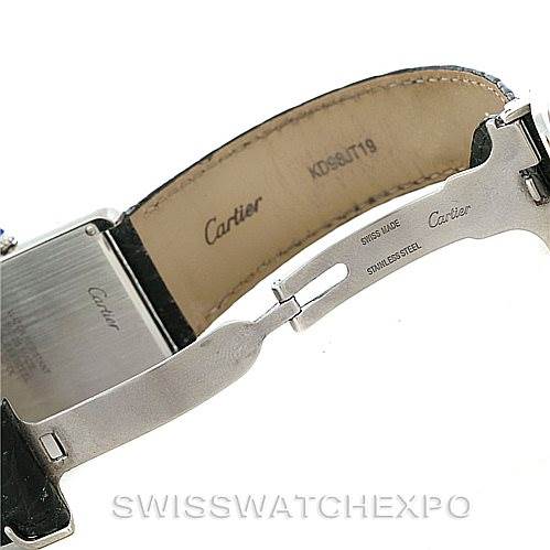 This image shows the underside of a Cartier Tank Solo W1018355 Men
s Stainless Steel Silver Dial W1018355 Men
s Stainless Steel Silver Dial watch, including parts of the strap, clasp, and branding details.