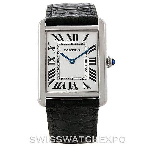 The image shows a front view of the Cartier Tank Solo W1018355 Men
s Stainless Steel Silver Dial W1018355 Men
s Stainless Steel Silver Dial watch, highlighting the face, Roman numerals, and black leather strap.
