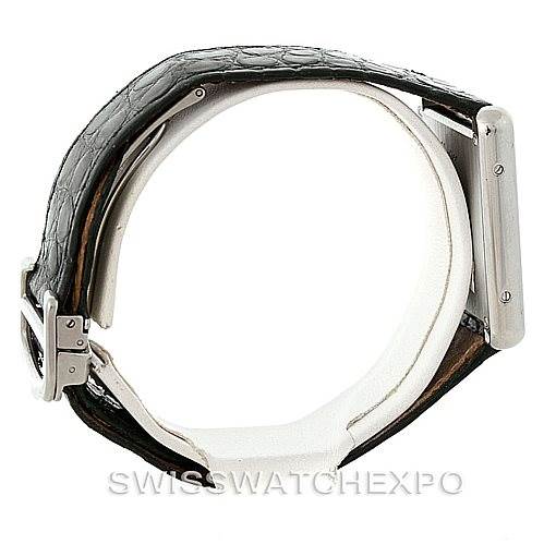The image shows a side view of a Tank Solo model by Cartier, focusing on its leather strap and the side of the watch face.