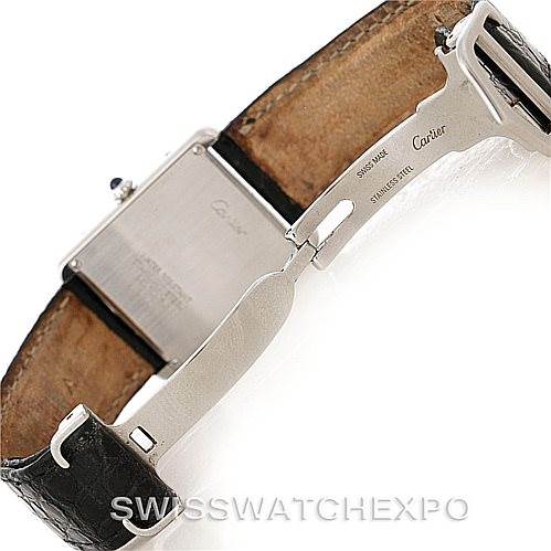 The image shows the back of the Cartier Tank Solo W1018355 Men
s Stainless Steel Silver Dial W1018355 Men
s Stainless Steel Silver Dial watch, focusing on the clasp and interior of the leather strap.