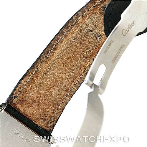 This image shows a close-up view of the underside of the leather strap and the clasp of a Cartier Tank Solo W1018355 Men
s Stainless Steel Silver Dial W1018355 Men
s Stainless Steel Silver Dial watch.