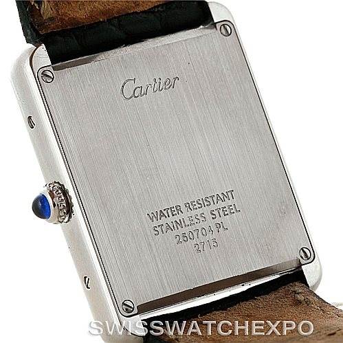 This image shows the back case and strap of a Cartier Tank Solo W1018355 Men
s Stainless Steel Silver Dial W1018355 Men
s Stainless Steel Silver Dial watch, highlighting its stainless steel material and water resistance.