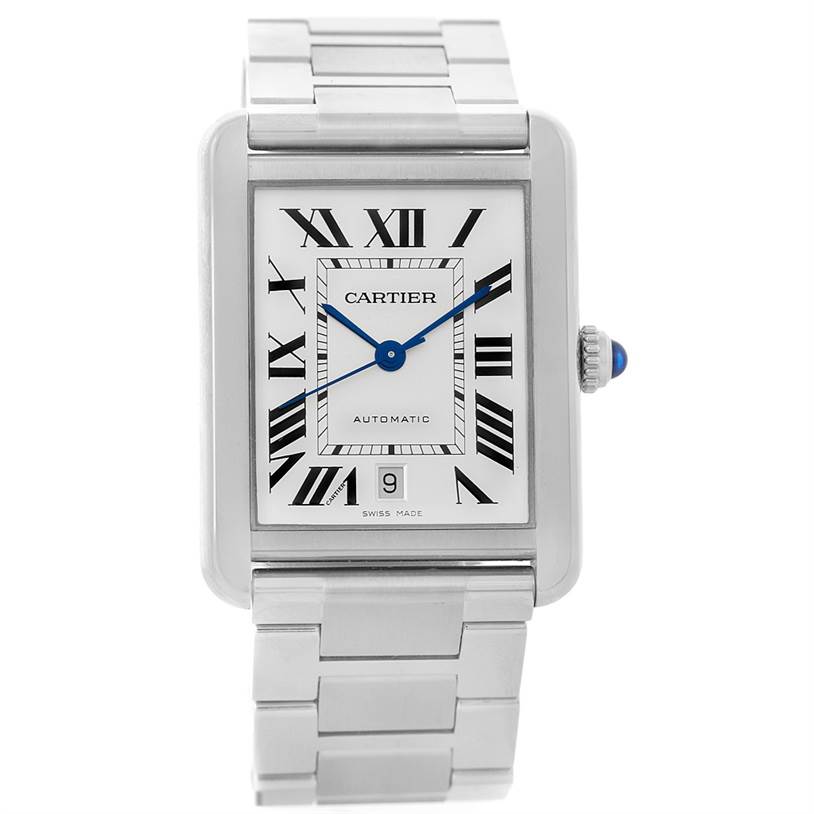 The image shows the front view of the Cartier Tank Solo W5200028 Men
s Stainless Steel Silver Dial W5200028 Men
s Stainless Steel Silver Dial watch, displaying the face, dial, bracelet, and crown with the blue cabochon.