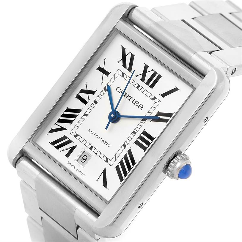 The image shows a close-up of the face and part of the stainless steel bracelet of the Cartier Tank Solo W5200028 Men
s Stainless Steel Silver Dial W5200028 Men
s Stainless Steel Silver Dial watch.