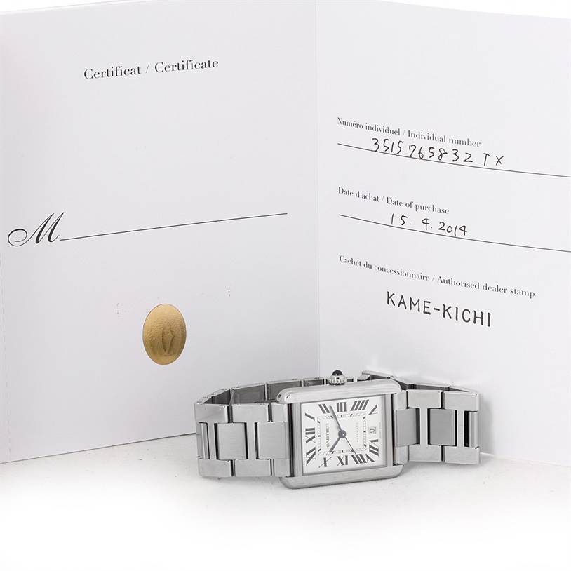 The image shows a Cartier Tank Solo W5200028 Men
s Stainless Steel Silver Dial W5200028 Men
s Stainless Steel Silver Dial watch laying flat, with its certificate and purchase details displayed in the background.