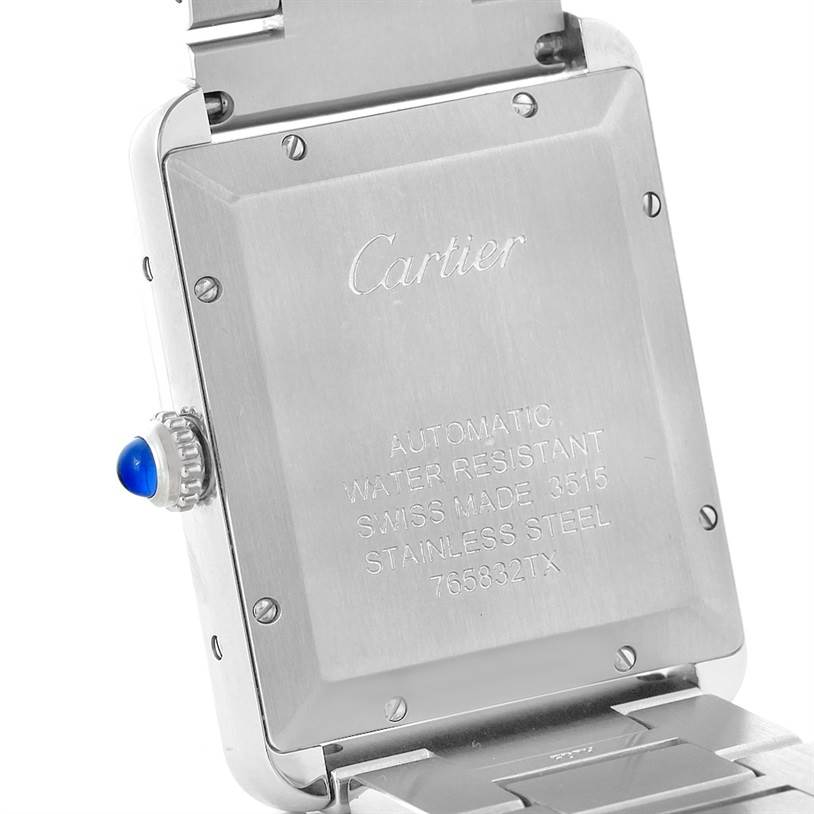 The image shows the back of a Cartier Tank Solo W5200028 Men
s Stainless Steel Silver Dial W5200028 Men
s Stainless Steel Silver Dial watch, highlighting its case back, crown, and part of the metal bracelet.