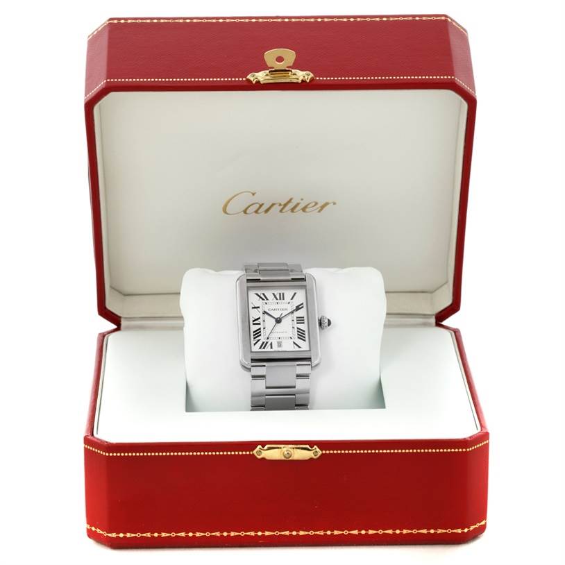 The Cartier Tank Solo W5200028 Men
s Stainless Steel Silver Dial W5200028 Men
s Stainless Steel Silver Dial watch is shown front-on inside its opened red and white jewelry box.