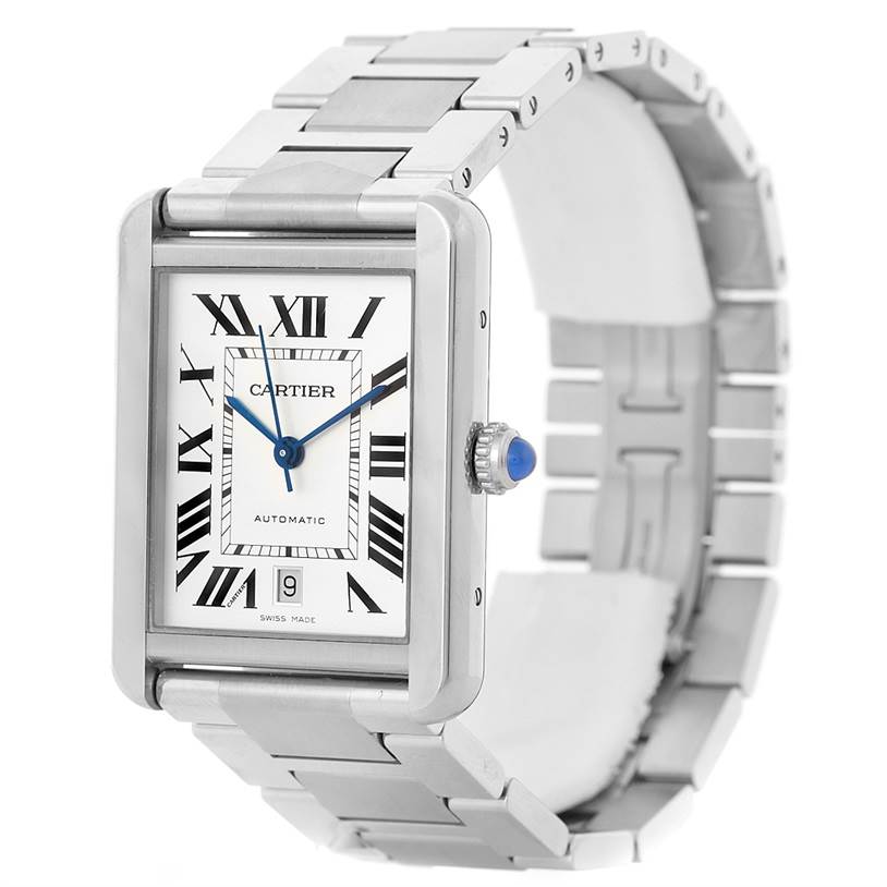 The Tank Solo model by Cartier is shown at a slight angle, showcasing its face, crown, and metal bracelet.