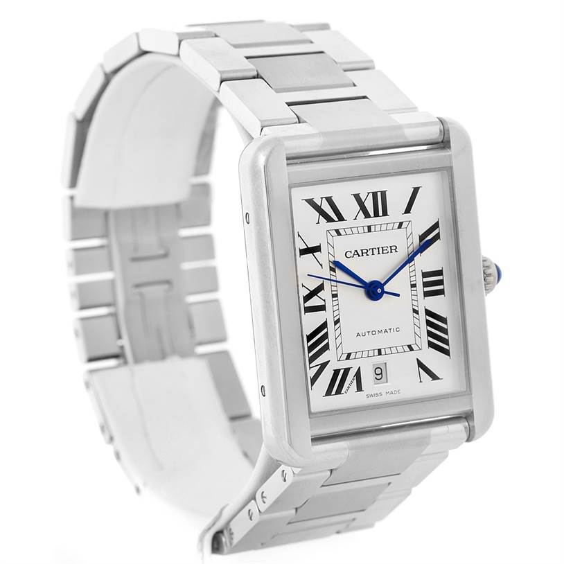 The Tank Solo model by Cartier is shown at an angled front view, displaying its face and metal bracelet.
