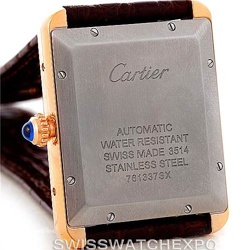 This image shows the back case of a Cartier Tank Solo W5200026 Men
s Steel and Gold (two tone) Silver Dial W5200026 Men
s Steel and Gold (two tone) Silver Dial watch, highlighting its automatic movement, water resistance, and stainless steel features.