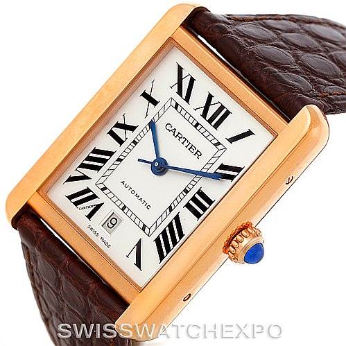 This image shows a Cartier Tank Solo W5200026 Men
s Steel and Gold (two tone) Silver Dial W5200026 Men
s Steel and Gold (two tone) Silver Dial watch from a slight angled view, highlighting its rectangular dial, Roman numerals, and leather strap.