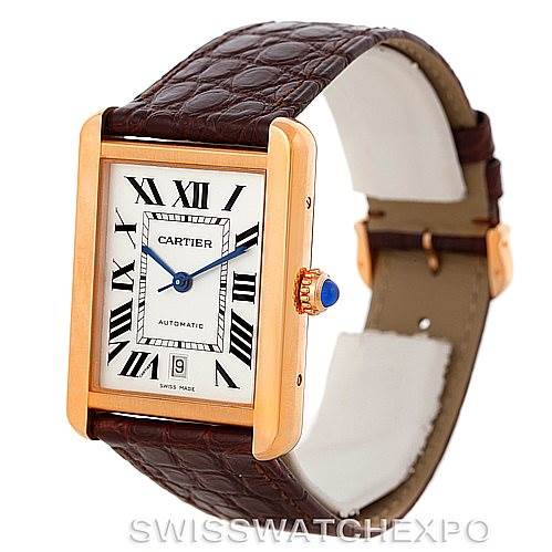 The image shows a Cartier Tank Solo W5200026 Men
s Steel and Gold (two tone) Silver Dial W5200026 Men
s Steel and Gold (two tone) Silver Dial watch with a brown leather strap, rectangular dial, and rose gold casing angled slightly from the front.