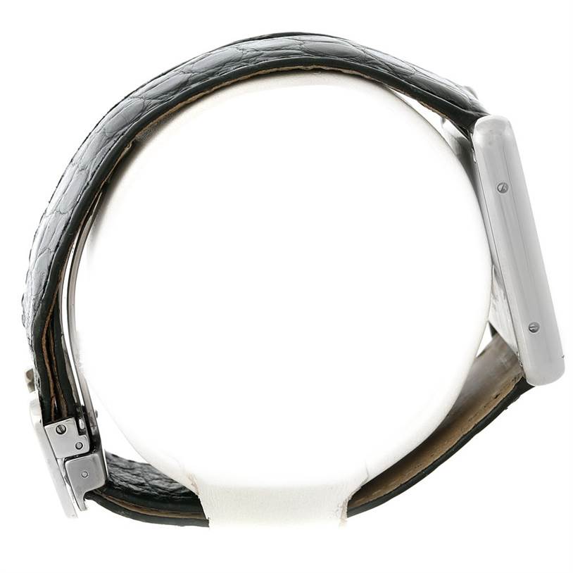 This image shows a side view of the Cartier Tank Solo W1018355 Men
s Stainless Steel Silver Dial W1018355 Men
s Stainless Steel Silver Dial watch, highlighting the strap and case.