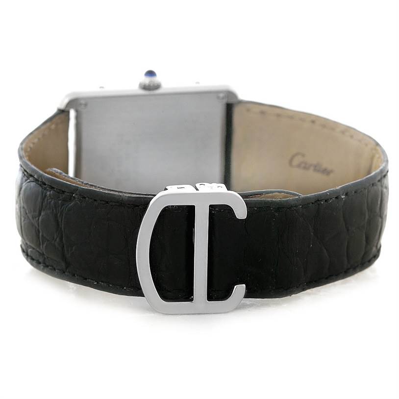 The image shows the rear angle of the Cartier Tank Solo W1018355 Men
s Stainless Steel Silver Dial W1018355 Men
s Stainless Steel Silver Dial watch, focusing on the leather strap and clasp.