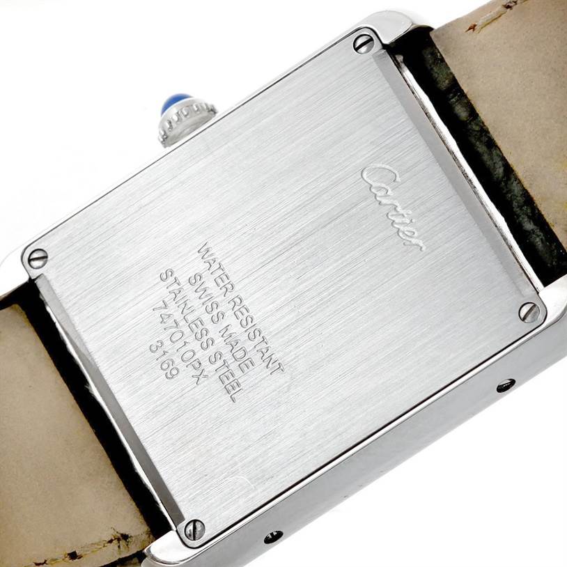 This image shows the back of a Cartier Tank Solo W1018355 Men
s Stainless Steel Silver Dial W1018355 Men
s Stainless Steel Silver Dial watch, highlighting its stainless steel casing and specifications.