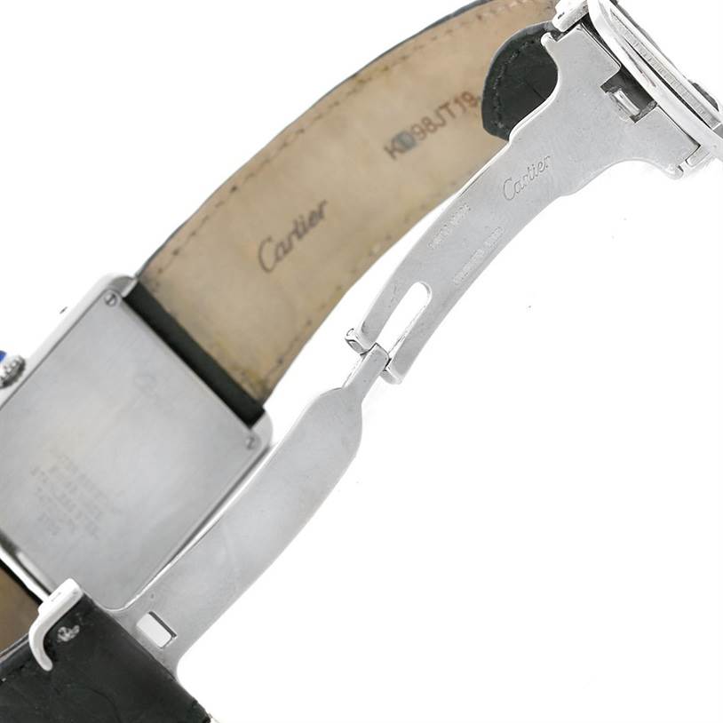 This image shows the back view and clasp mechanism of a Cartier Tank Solo W1018355 Men
s Stainless Steel Silver Dial W1018355 Men
s Stainless Steel Silver Dial watch.