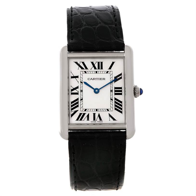 This image shows a front view of a Cartier Tank Solo W1018355 Men
s Stainless Steel Silver Dial W1018355 Men
s Stainless Steel Silver Dial watch, featuring its face, strap, and crown.