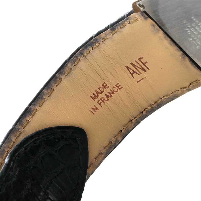 This image shows the inner side of a leather strap of the Cartier Tank Solo W1018355 Men
s Stainless Steel Silver Dial W1018355 Men
s Stainless Steel Silver Dial watch, marked with "Made in France" and "ANF."