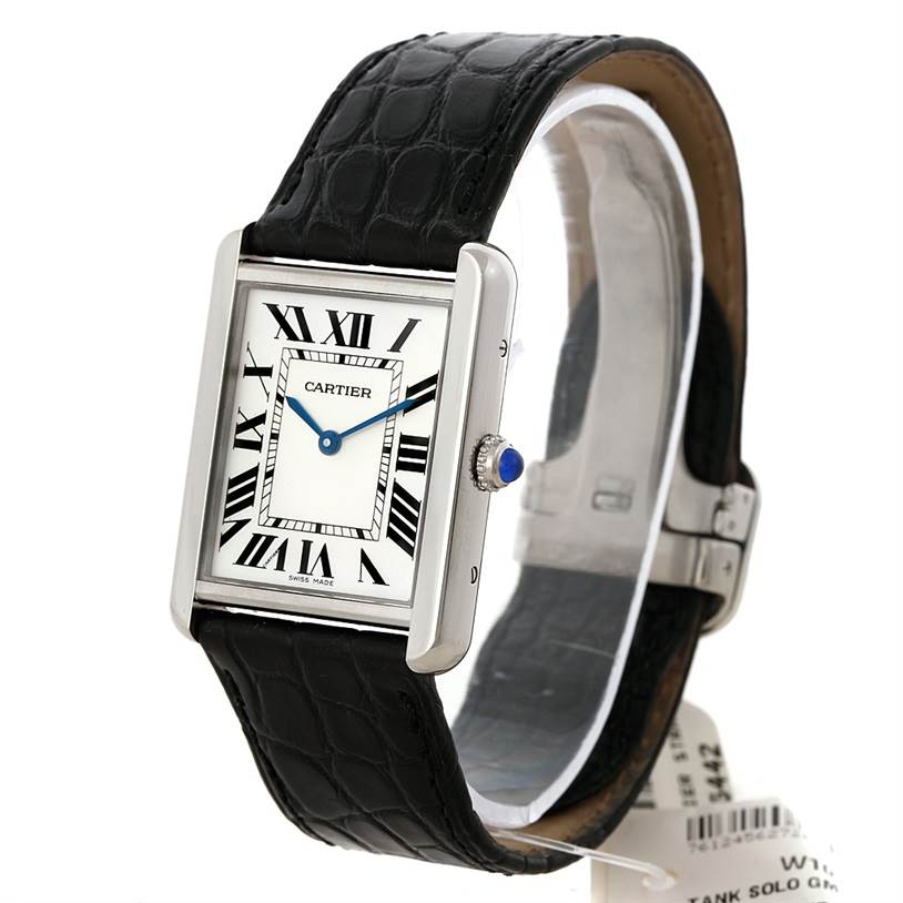 This image shows a Cartier Tank Solo W1018355 Men
s Stainless Steel Silver Dial W1018355 Men
s Stainless Steel Silver Dial watch angled from the front-left, displaying the face, bezel, crown, and leather strap.