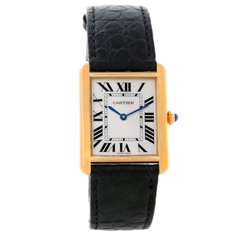 This image shows a front view of the Cartier Tank Solo W1018855 Men
s Steel and Gold (two tone) Silver Dial W1018855 Men
s Steel and Gold (two tone) Silver Dial watch, highlighting its black leather strap, rectangular gold case, and Roman numeral dial.