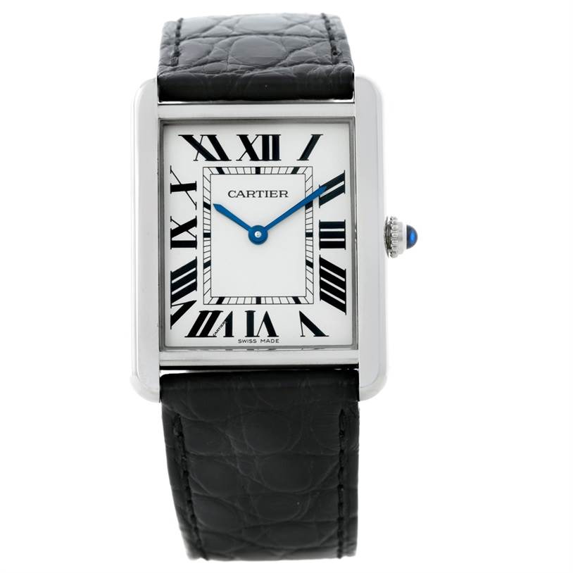 This image shows a head-on view of a Cartier Tank Solo W1018355 Men
s Stainless Steel Silver Dial W1018355 Men
s Stainless Steel Silver Dial watch, highlighting its straps, case, dial, and crown.