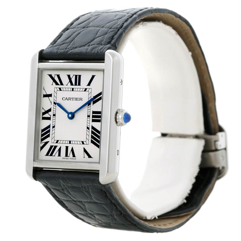 This image shows a side view of the Cartier Tank Solo W1018355 Men
s Stainless Steel Silver Dial W1018355 Men
s Stainless Steel Silver Dial watch, highlighting its rectangular case, Roman numeral dial, and black leather strap.