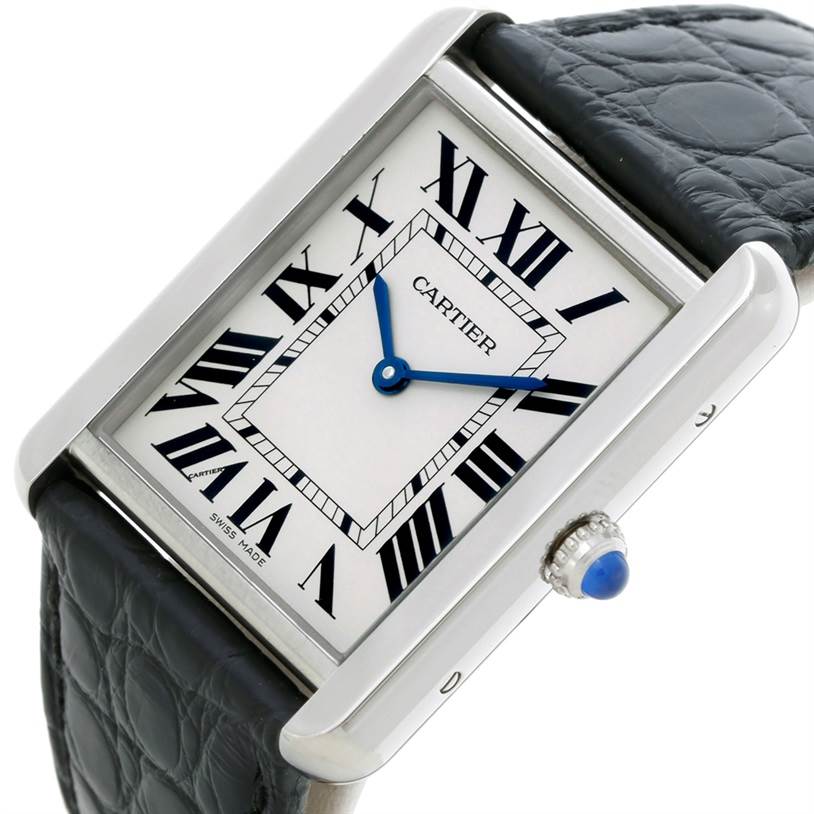 This image shows a close-up angled view of a Cartier Tank Solo W1018355 Men
s Stainless Steel Silver Dial W1018355 Men
s Stainless Steel Silver Dial watch, highlighting the rectangular face, Roman numerals, and leather strap.