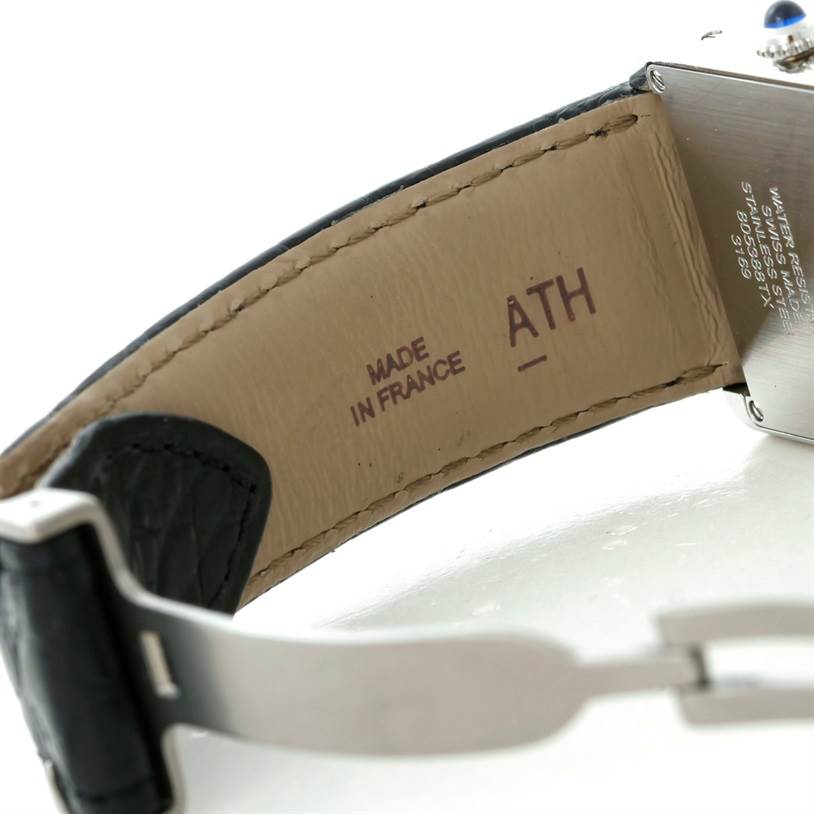 This image shows the inner strap and metal clasp of a Cartier Tank Solo W1018355 Men
s Stainless Steel Silver Dial W1018355 Men
s Stainless Steel Silver Dial watch, with the inscription "Made in France."