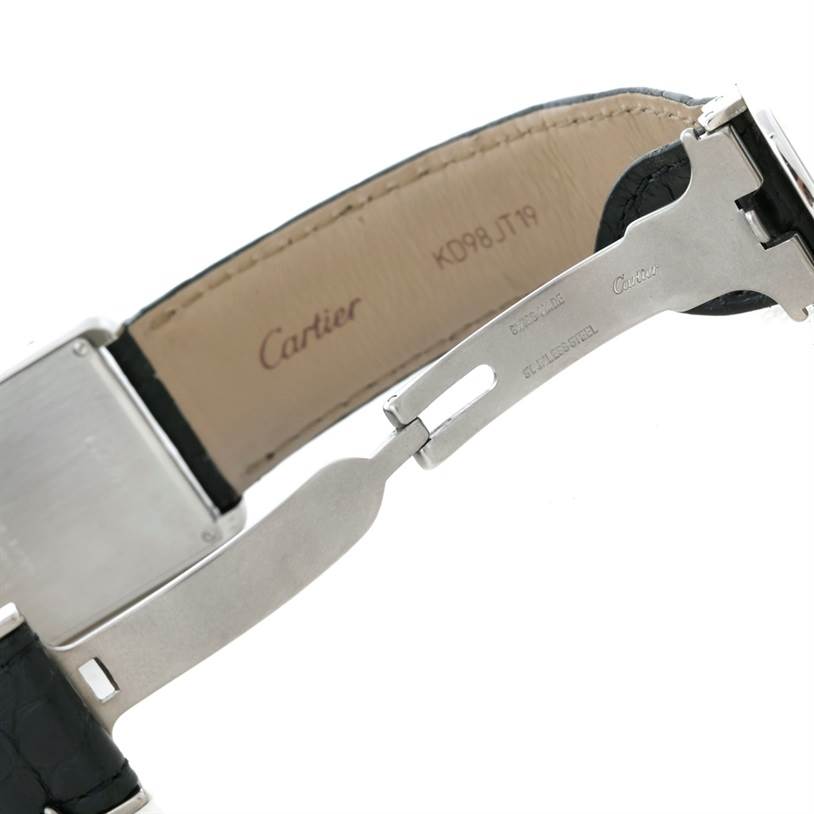 This image shows a close-up of the clasp mechanism and strap of a Cartier Tank Solo W1018355 Men
s Stainless Steel Silver Dial W1018355 Men
s Stainless Steel Silver Dial watch.