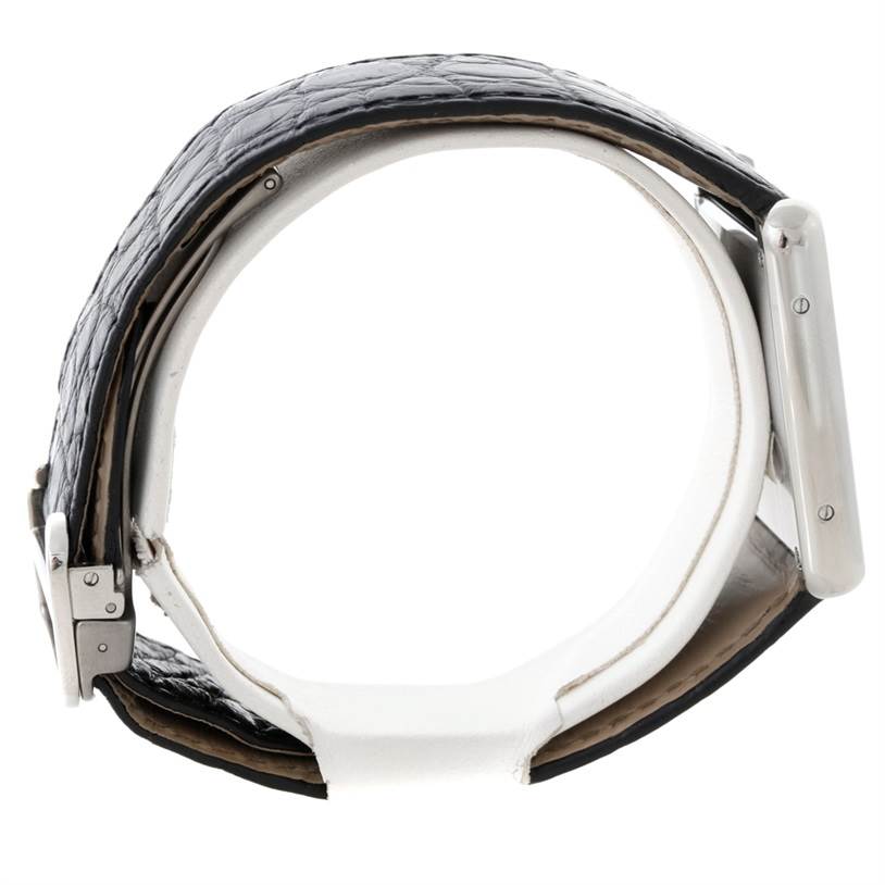 Side view of the Cartier Tank Solo W1018355 Men
s Stainless Steel Silver Dial W1018355 Men
s Stainless Steel Silver Dial watch showing the strap and case.