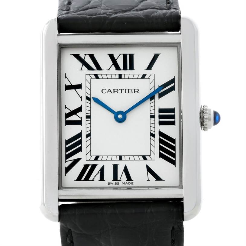 This image shows a frontal view of the Cartier Tank Solo W1018355 Men
s Stainless Steel Silver Dial W1018355 Men
s Stainless Steel Silver Dial watch, highlighting its face, Roman numeral markings, and blue hands.