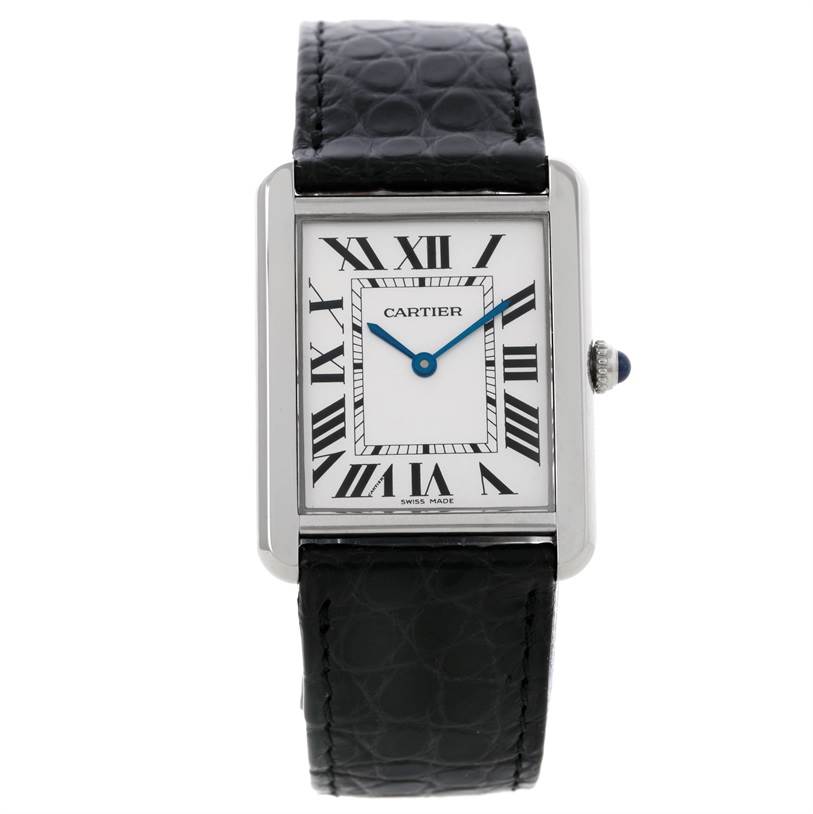 This image shows a Cartier Tank Solo W1018355 Men's Stainless Steel Silver Dial W1018355 Men's Stainless Steel Silver Dial watch from a top view, featuring its rectangular dial with Roman numerals and black leather strap.