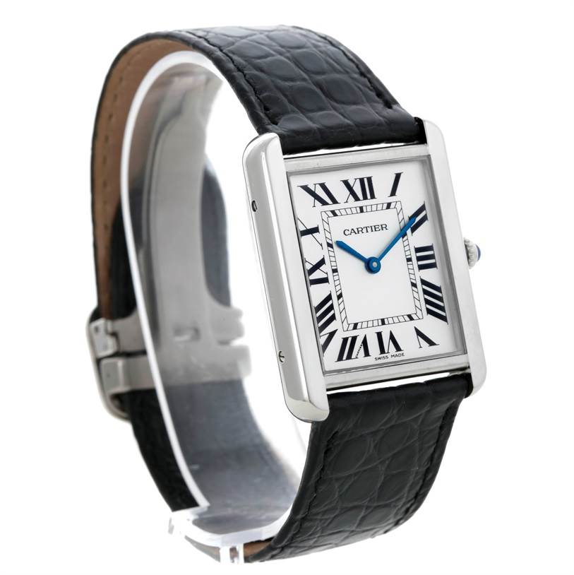 The image shows a Cartier Tank Solo W1018355 Men's Stainless Steel Silver Dial W1018355 Men's Stainless Steel Silver Dial watch at a three-quarter angle, highlighting its face, black leather strap, and silver case.