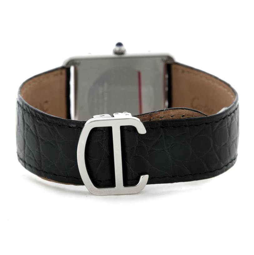 The image shows the back view of a Cartier Tank Solo W1018355 Men's Stainless Steel Silver Dial W1018355 Men's Stainless Steel Silver Dial watch, focusing on the black leather strap and clasp.