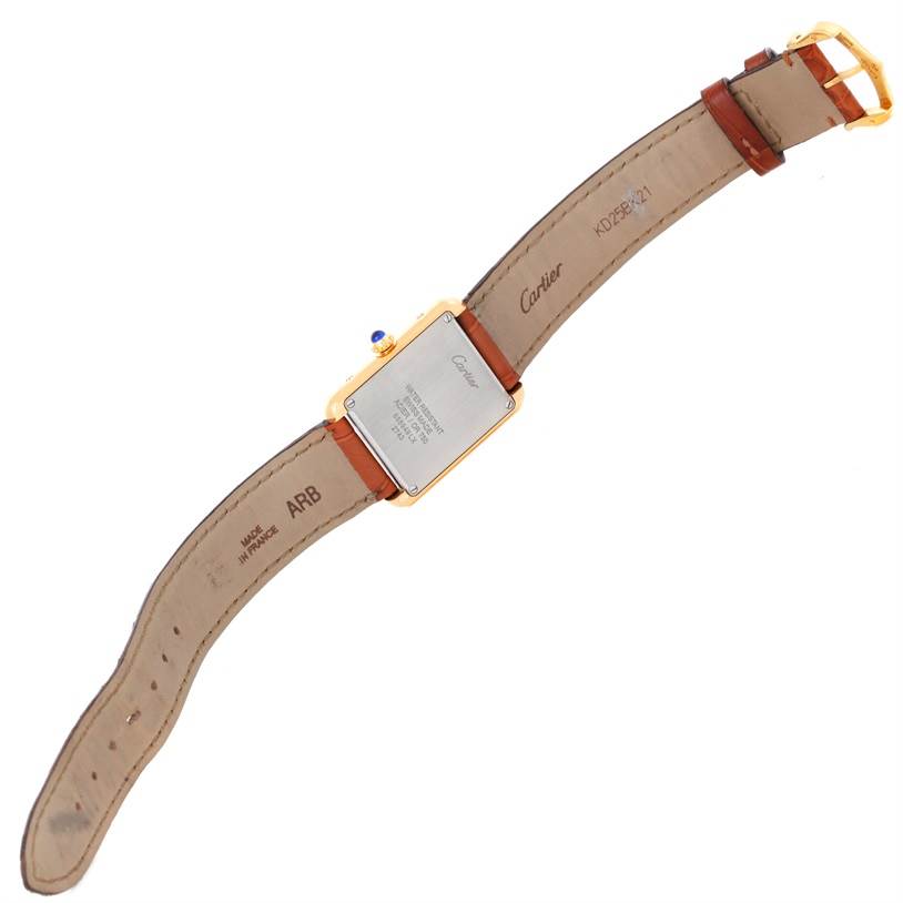 This image shows the back view of the Cartier Tank Solo W1018755 Women's Steel and Gold (two tone) Silver Dial W1018755 Women's Steel and Gold (two tone) Silver Dial watch, highlighting the strap and the case back.