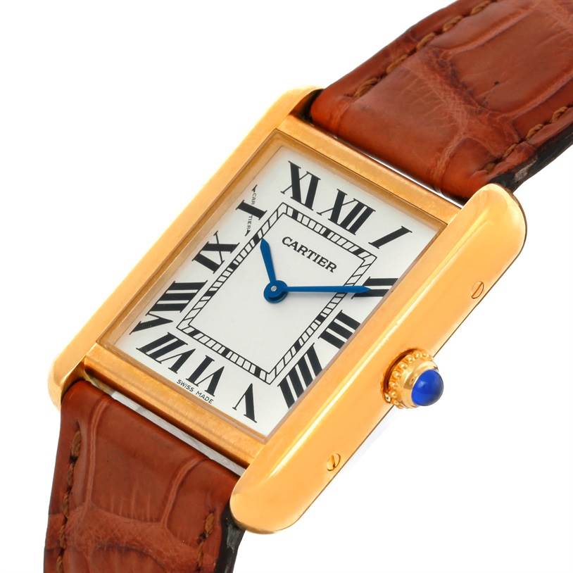 The image shows a Cartier Tank Solo W1018755 Women's Steel and Gold (two tone) Silver Dial W1018755 Women's Steel and Gold (two tone) Silver Dial watch, angled to display its face, gold case, and brown leather strap.